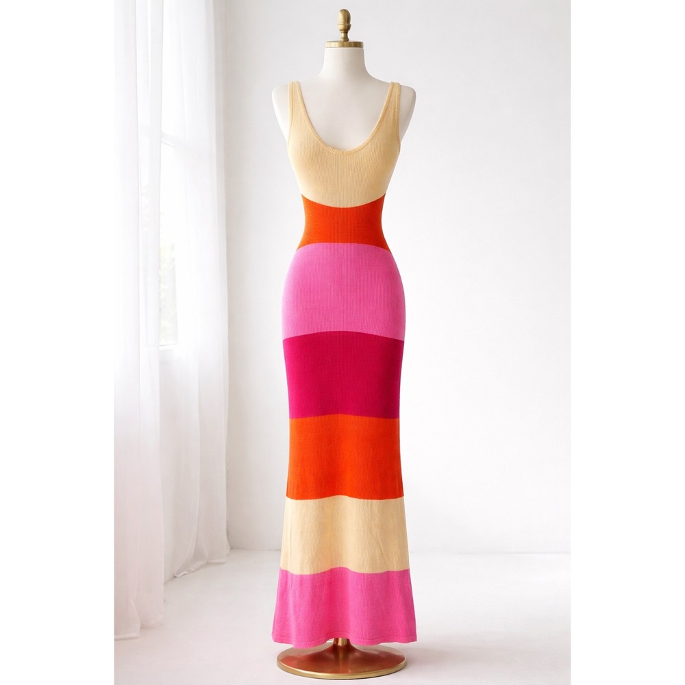 MABLE Colorblock Knit Cutout Maxi Dress Pink Orange Tan Womens Size Small Resort - Picture 8 of 8